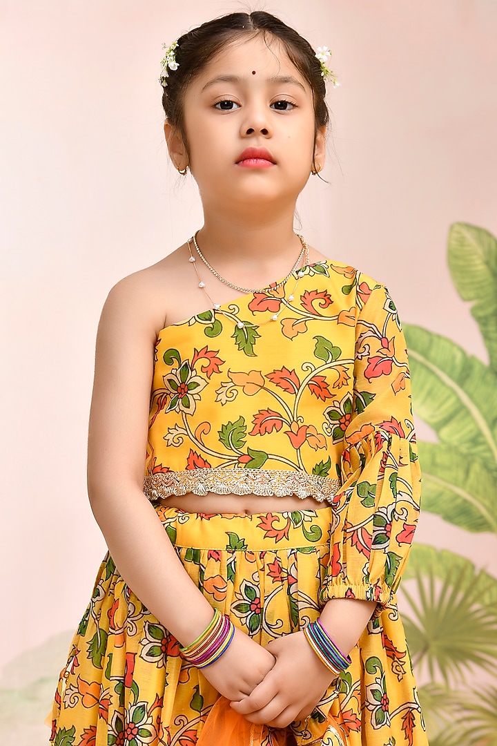 Yellow & Red Chanderi Floral Printed Lehenga Set for Girls by Yuvrani Jaipur Kidswear at Pernia's Pop Up Shop