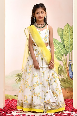 Ivory & Yellow Chanderi Floral Printed Lehenga Set for Girls by Yuvrani Jaipur Kidswear