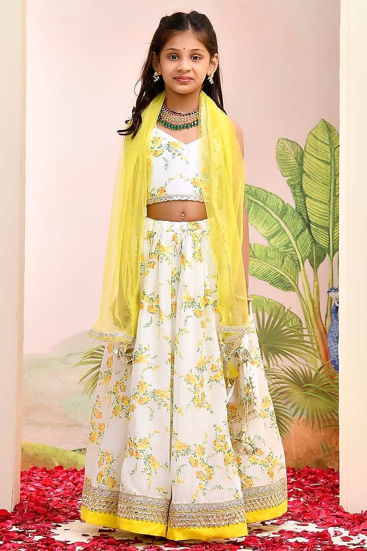 Ivory & Yellow Chanderi Floral Printed Lehenga Set for Girls by Yuvrani Jaipur Kidswear at Pernia's Pop Up Shop