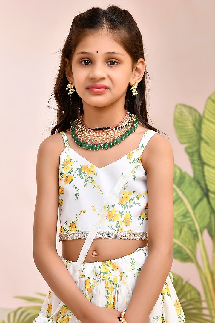 Ivory & Yellow Chanderi Floral Printed Lehenga Set for Girls by Yuvrani Jaipur Kidswear at Pernia's Pop Up Shop