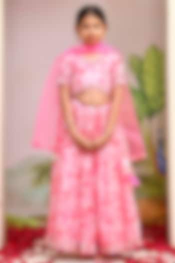 Neon Pink Chanderi Floral Printed Lehenga Set for Girls by Yuvrani Jaipur Kidswear at Pernia's Pop Up Shop
