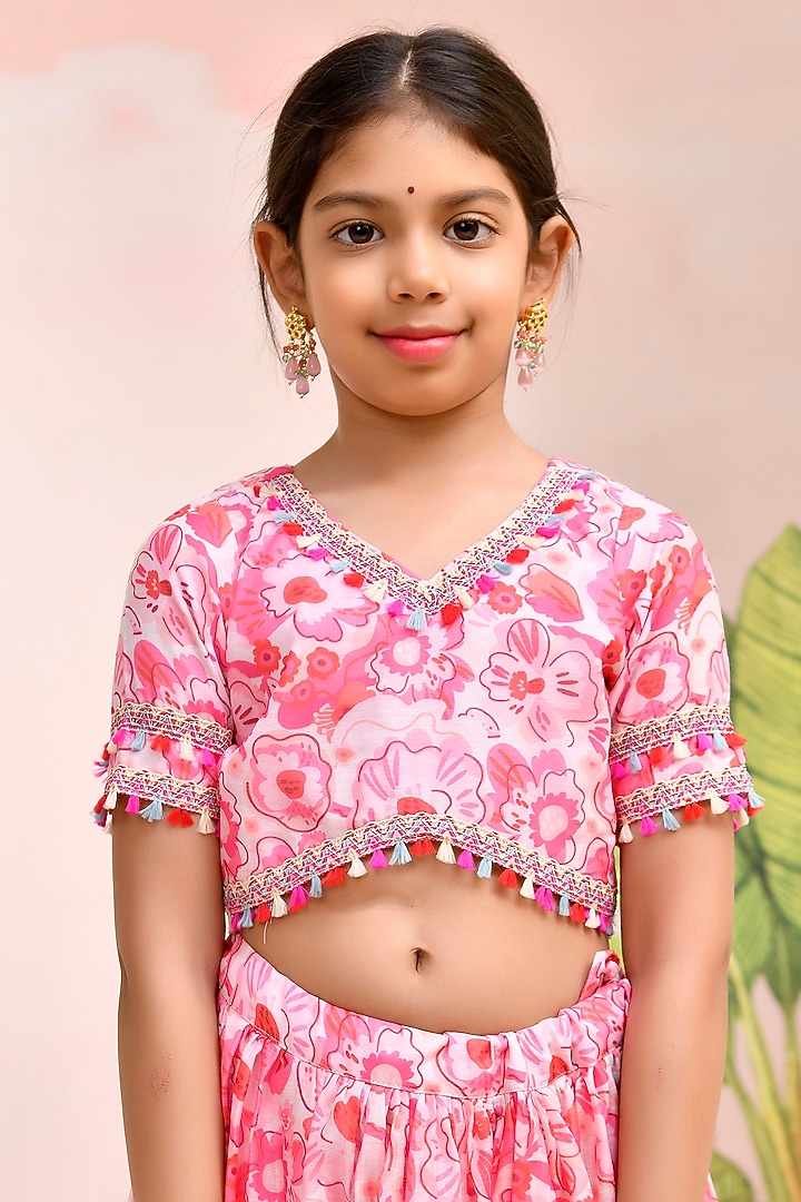Neon Pink Chanderi Floral Printed Lehenga Set for Girls by Yuvrani Jaipur Kidswear at Pernia's Pop Up Shop