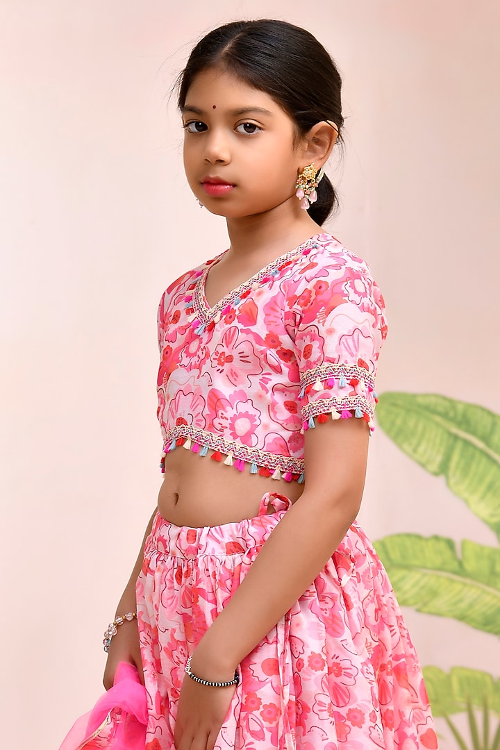 Neon Pink Chanderi Floral Printed Lehenga Set for Girls by Yuvrani Jaipur Kidswear at Pernia's Pop Up Shop