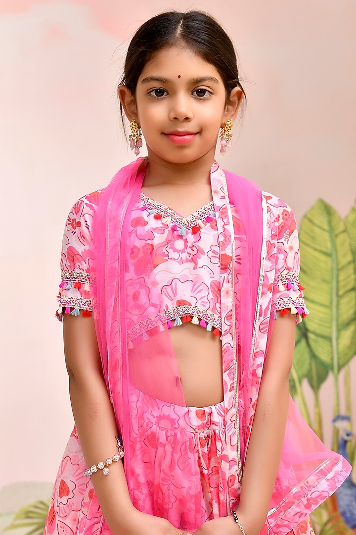 Neon Pink Chanderi Floral Printed Lehenga Set for Girls by Yuvrani Jaipur Kidswear at Pernia's Pop Up Shop