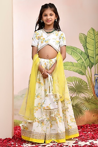 Ivory & Yellow Chanderi Floral Printed Lehenga Set for Girls by Yuvrani Jaipur Kidswear