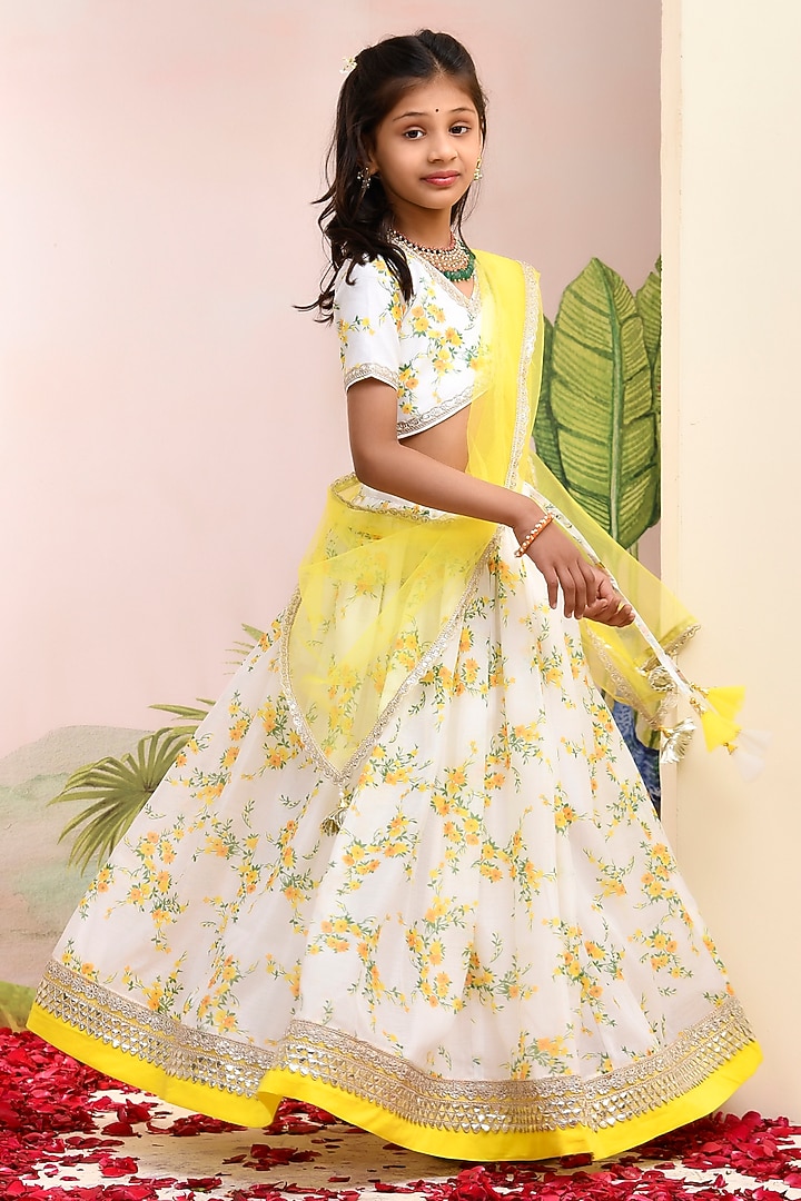 Ivory & Yellow Chanderi Floral Printed Lehenga Set for Girls by Yuvrani Jaipur Kidswear at Pernia's Pop Up Shop