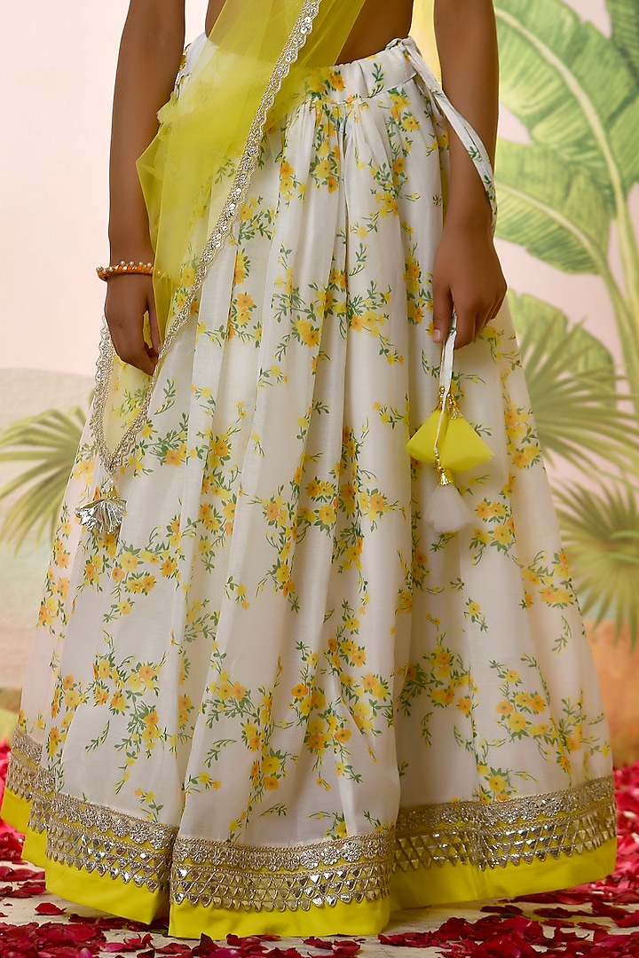 Ivory & Yellow Chanderi Floral Printed Lehenga Set for Girls by Yuvrani Jaipur Kidswear at Pernia's Pop Up Shop