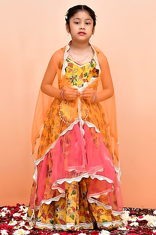 Yellow Chanderi Floral Printed Lehenga Set for Girls by Yuvrani Jaipur Kidswear