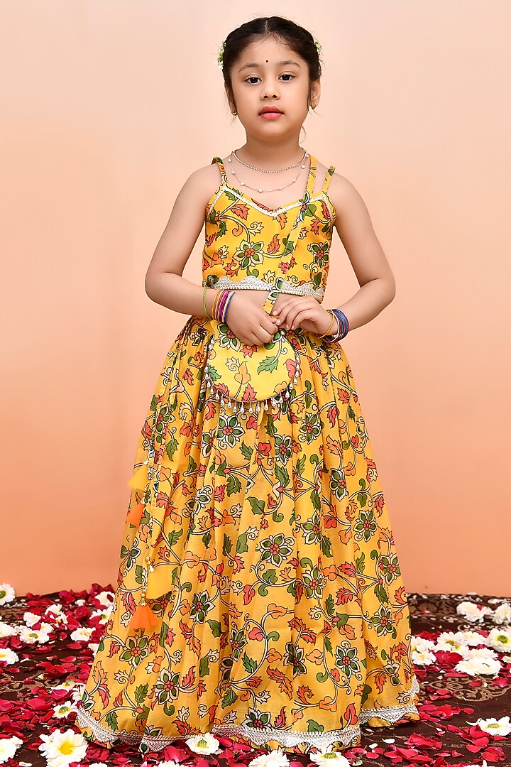 Yellow Chanderi Floral Printed Lehenga Set for Girls by Yuvrani Jaipur Kidswear at Pernia's Pop Up Shop