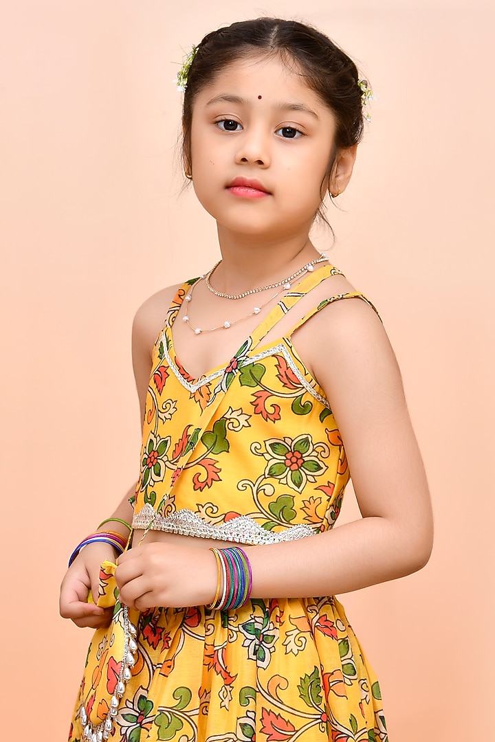 Yellow Chanderi Floral Printed Lehenga Set for Girls by Yuvrani Jaipur Kidswear at Pernia's Pop Up Shop
