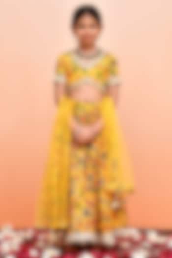 Yellow Chanderi Floral Printed Lehenga Set for Girls by Yuvrani Jaipur Kidswear at Pernia's Pop Up Shop