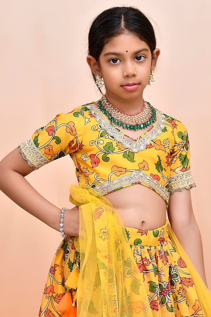 Yellow Chanderi Floral Printed Lehenga Set for Girls by Yuvrani Jaipur Kidswear at Pernia's Pop Up Shop