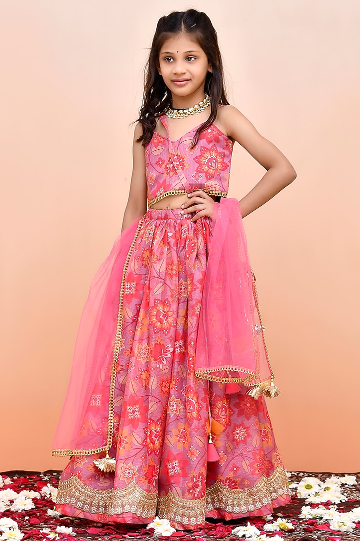 Peach Chanderi Floral Printed Lehenga Set for Girls by Yuvrani Jaipur Kidswear at Pernia's Pop Up Shop