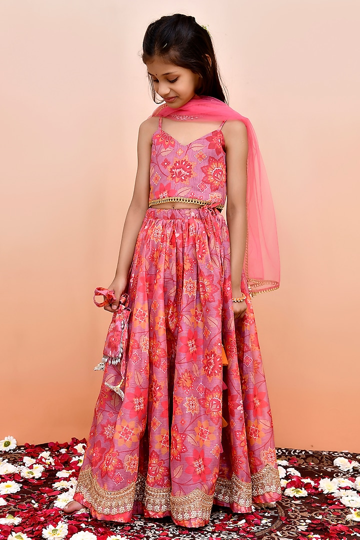 Peach Chanderi Floral Printed Lehenga Set for Girls by Yuvrani Jaipur Kidswear at Pernia's Pop Up Shop