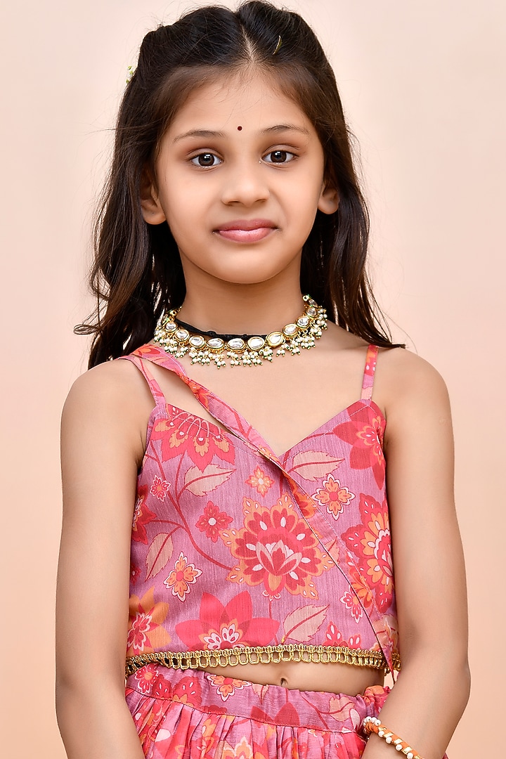 Peach Chanderi Floral Printed Lehenga Set for Girls by Yuvrani Jaipur Kidswear at Pernia's Pop Up Shop