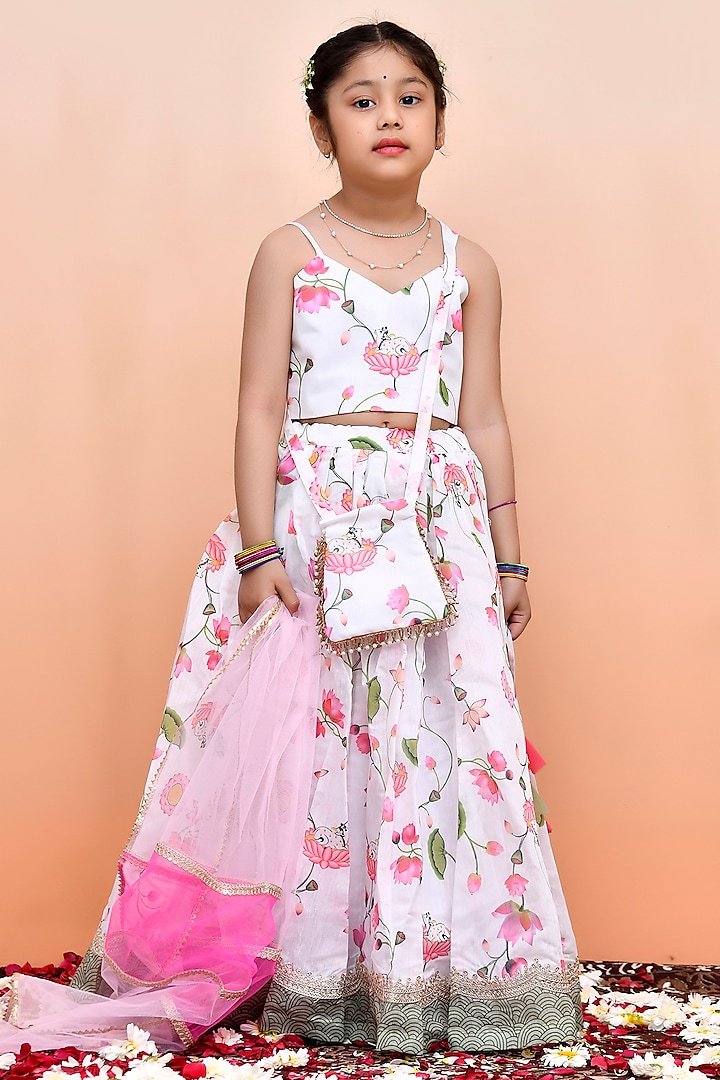Ivory Chanderi Floral Printed Lehenga Set for Girls by Yuvrani Jaipur Kidswear at Pernia's Pop Up Shop