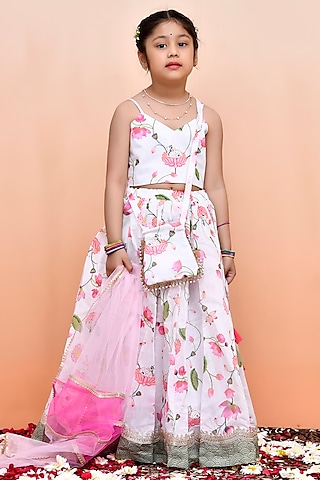 Ivory Chanderi Floral Printed Lehenga Set for Girls by Yuvrani Jaipur Kidswear