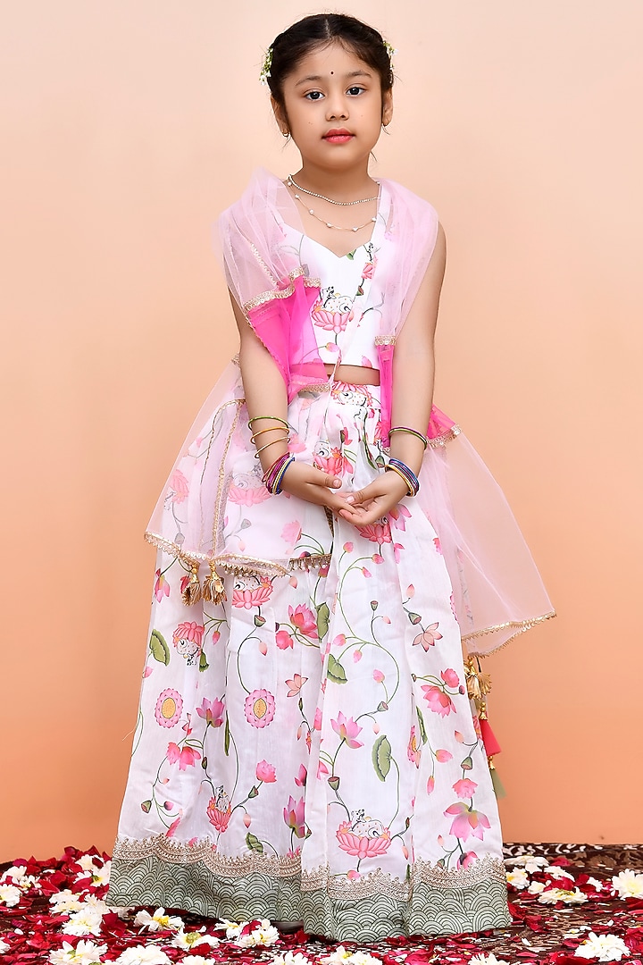 Ivory Chanderi Floral Printed Lehenga Set for Girls by Yuvrani Jaipur Kidswear at Pernia's Pop Up Shop