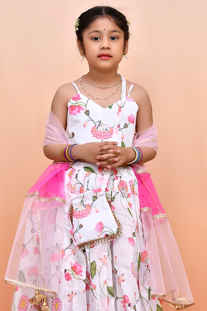 Ivory Chanderi Floral Printed Lehenga Set for Girls by Yuvrani Jaipur Kidswear at Pernia's Pop Up Shop