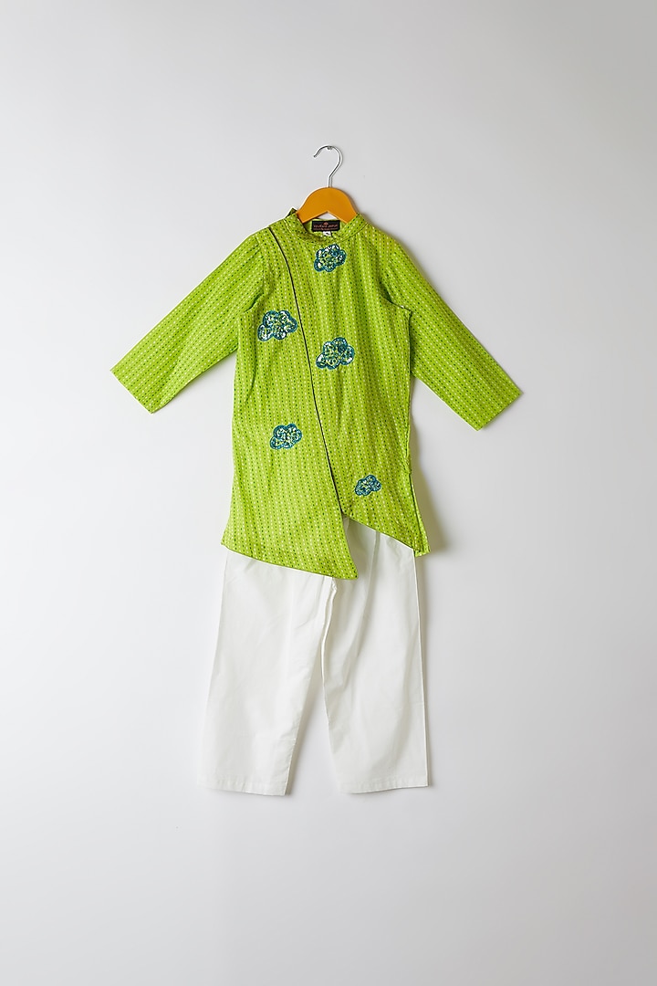 Grass Green Embroidered Kurta For Boys by Yuvrani Jaipur Kidswear