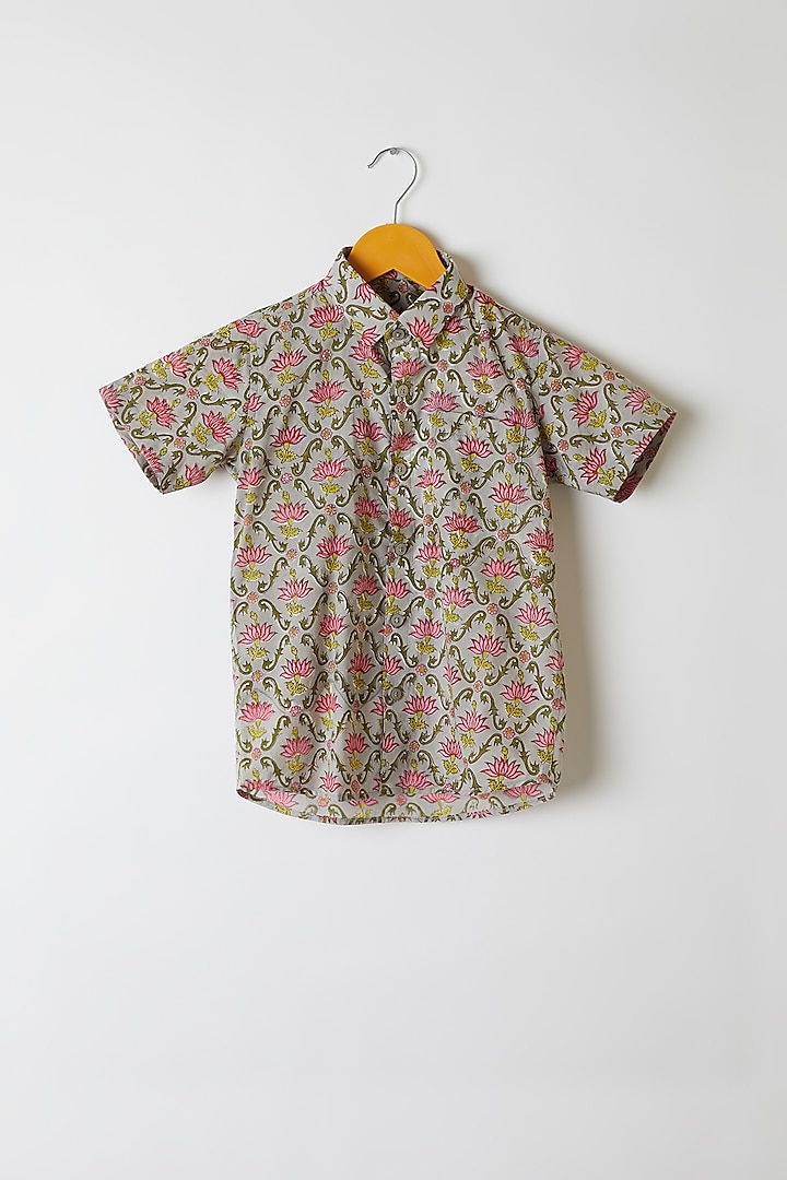 Grey Lotus Printed Shirt For Boys by Navyassa