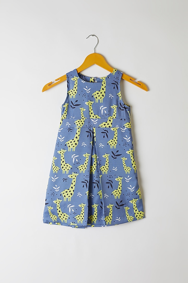 Blue Giraffe Printed Frock For Girls by Yuvrani Jaipur Kidswear