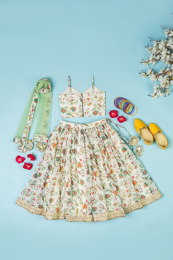 Multi-Colored Chanderi Flared Lehenga Set For Girls by Yuvrani Jaipur Kidswear at Pernia's Pop Up Shop