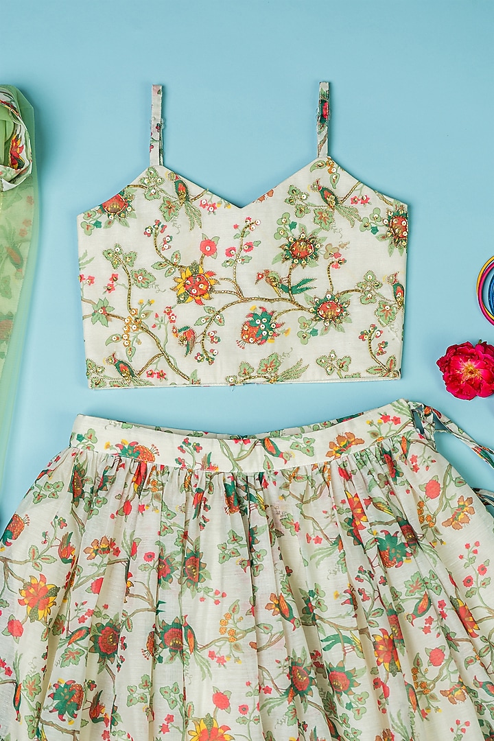 Multi-Colored Chanderi Flared Lehenga Set For Girls by Yuvrani Jaipur Kidswear at Pernia's Pop Up Shop