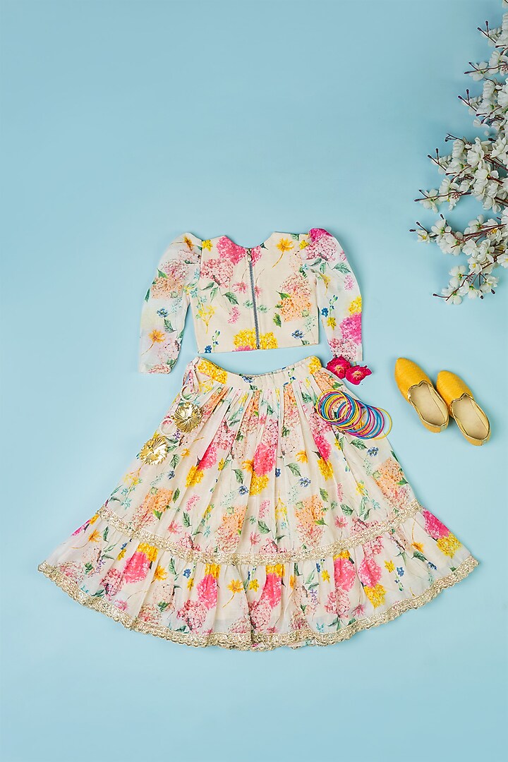 Multi-Colored Chanderi Flared Lehenga Set For Girls by Yuvrani Jaipur Kidswear at Pernia's Pop Up Shop