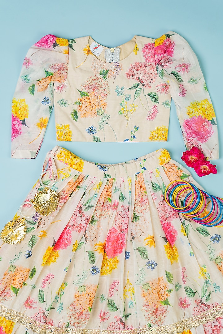 Multi-Colored Chanderi Flared Lehenga Set For Girls by Yuvrani Jaipur Kidswear at Pernia's Pop Up Shop
