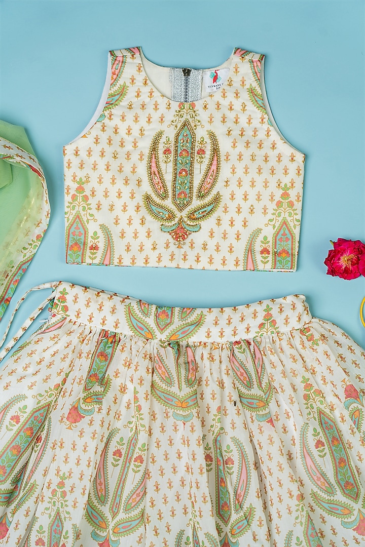 Multi-Colored Chanderi Flared Lehenga Set For Girls by Yuvrani Jaipur Kidswear at Pernia's Pop Up Shop