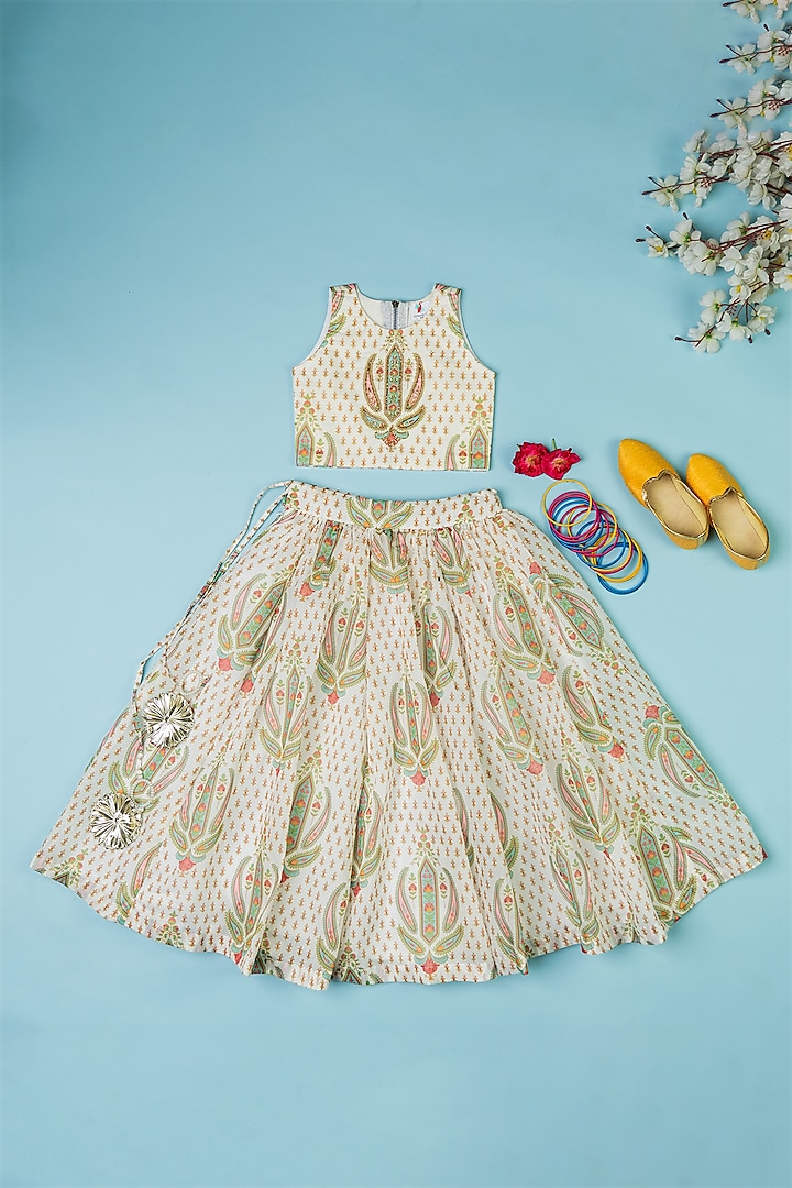 Multi-Colored Chanderi Flared Lehenga Set For Girls by Yuvrani Jaipur Kidswear at Pernia's Pop Up Shop