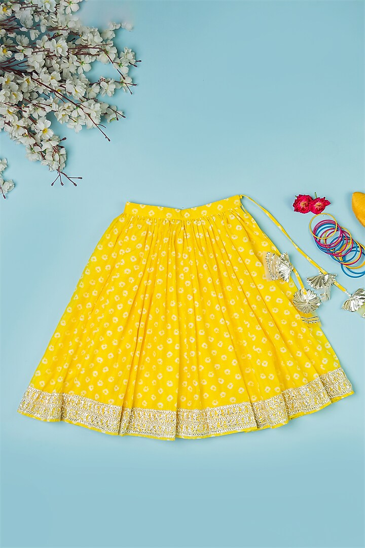 Yellow Chanderi Floral Printed Bandhej Lehenga Set For Girls by Yuvrani Jaipur Kidswear at Pernia's Pop Up Shop