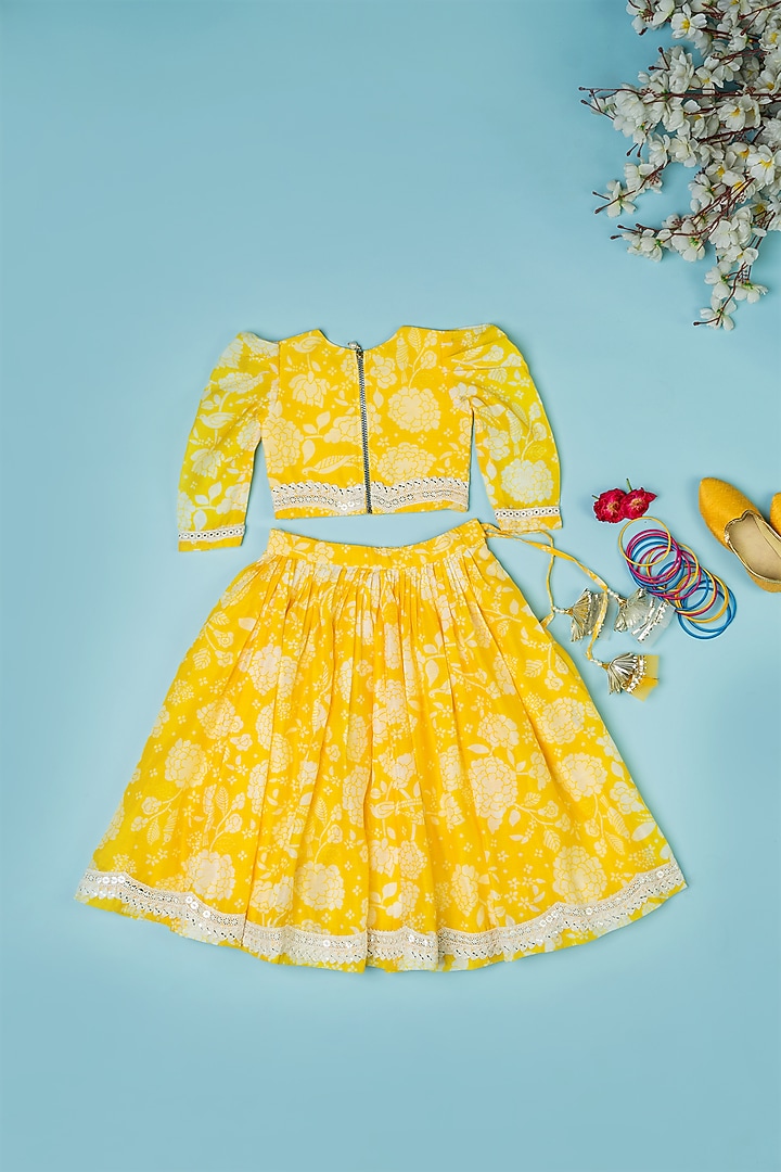 Yellow Chanderi Floral Printed Bandhej Lehenga Set For Girls by Yuvrani Jaipur Kidswear at Pernia's Pop Up Shop