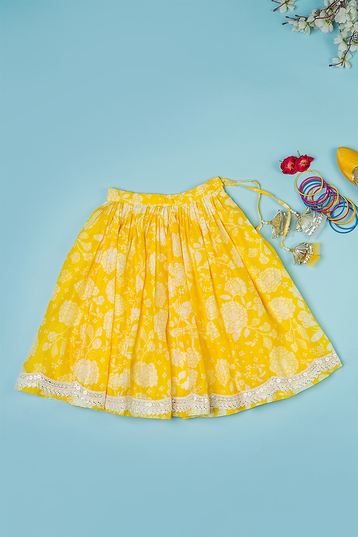 Yellow Chanderi Floral Printed Bandhej Lehenga Set For Girls by Yuvrani Jaipur Kidswear at Pernia's Pop Up Shop