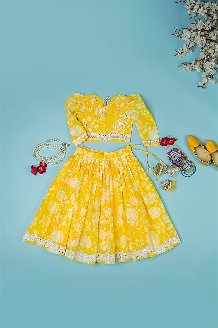 Yellow Chanderi Floral Printed Bandhej Lehenga Set For Girls by Yuvrani Jaipur Kidswear at Pernia's Pop Up Shop