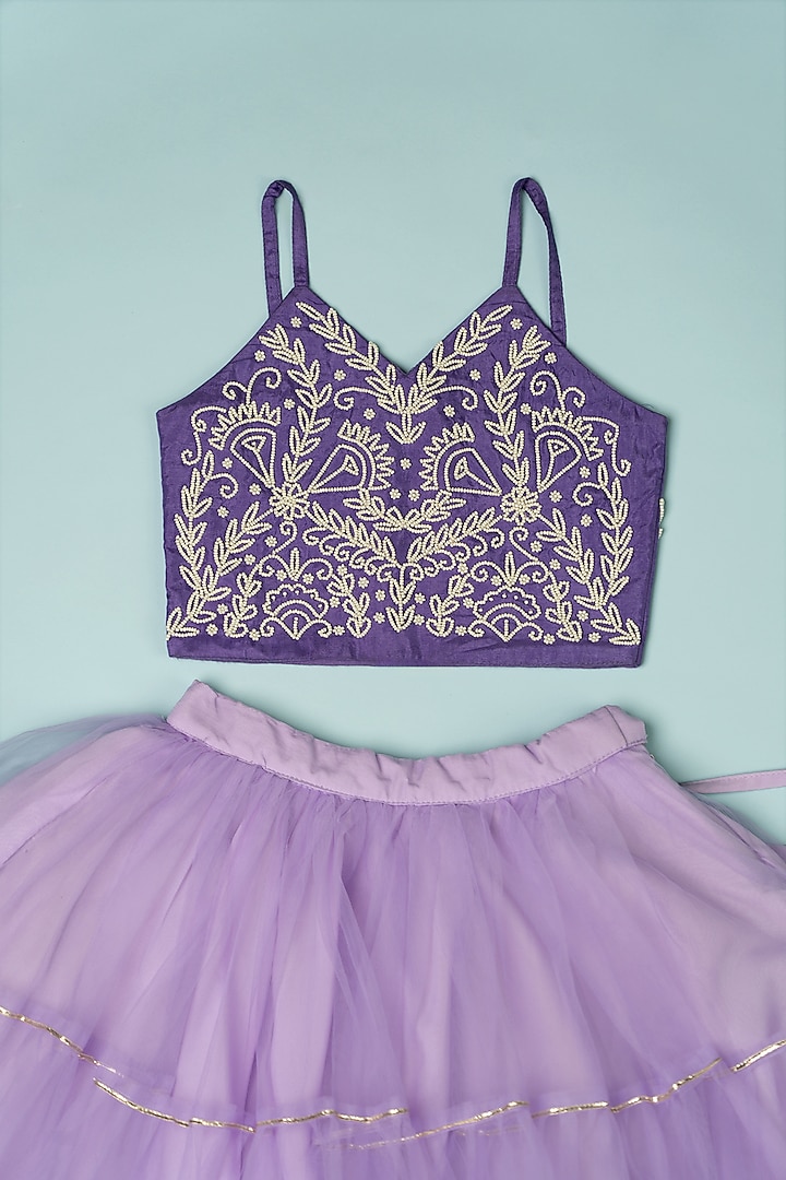 Violet Net Lehenga Set For Girls by Yuvrani Jaipur Kidswear at Pernia's Pop Up Shop
