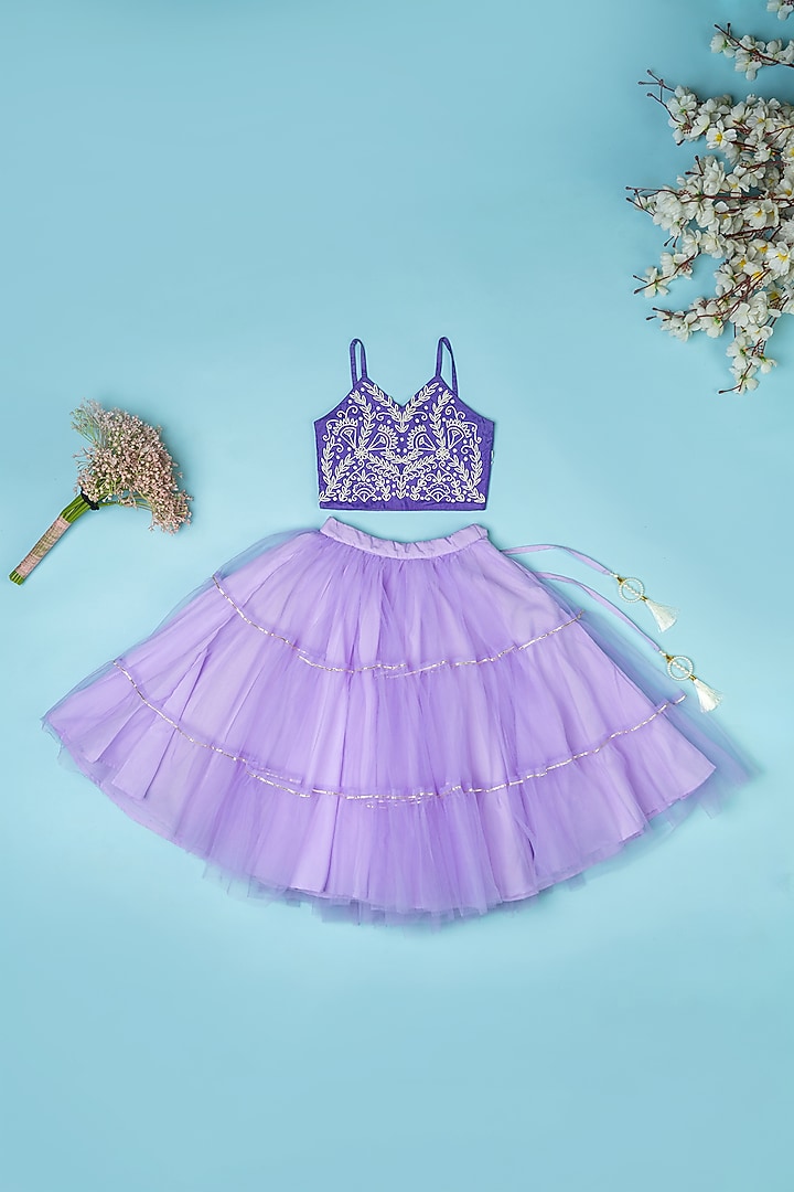 Violet Net Lehenga Set For Girls by Yuvrani Jaipur Kidswear at Pernia's Pop Up Shop