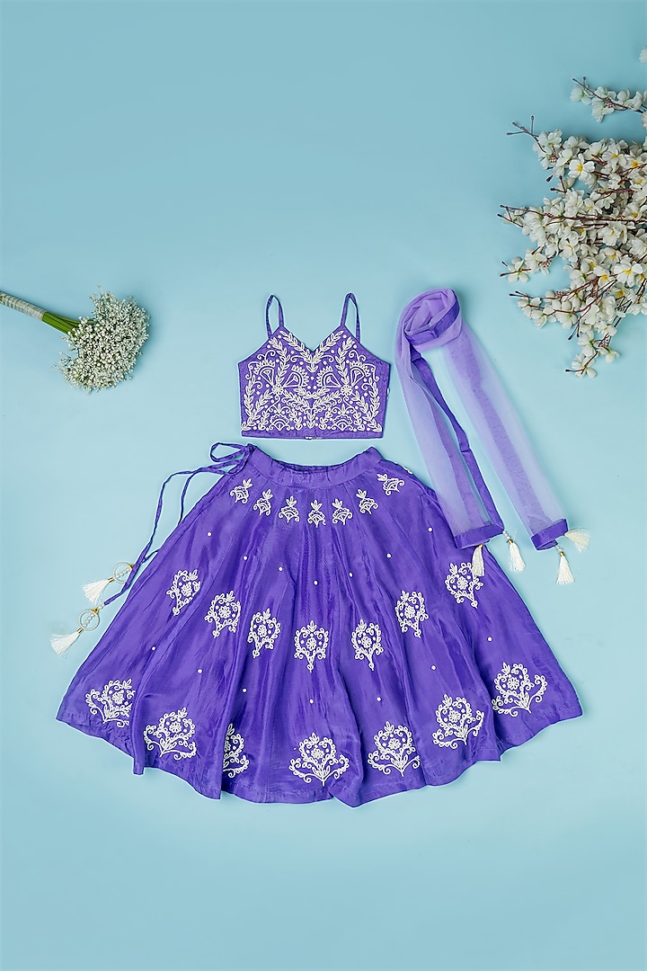 Violet Pure Spun Hand Embroidered Lehenga Set For Girls by Yuvrani Jaipur Kidswear at Pernia's Pop Up Shop