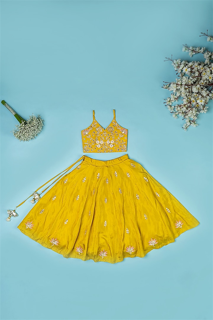 Golden Yellow Pure Spun Hand Embroidered Lehenga Set For Girls by Yuvrani Jaipur Kidswear at Pernia's Pop Up Shop