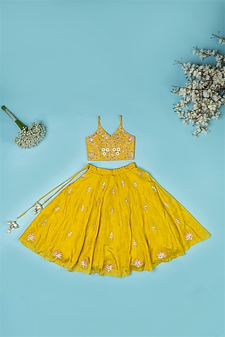 Golden Yellow Pure Spun Hand Embroidered Lehenga Set For Girls by Yuvrani Jaipur Kidswear