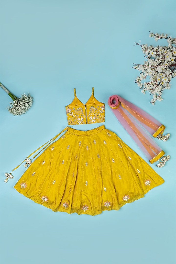 Golden Yellow Pure Spun Hand Embroidered Lehenga Set For Girls by Yuvrani Jaipur Kidswear at Pernia's Pop Up Shop
