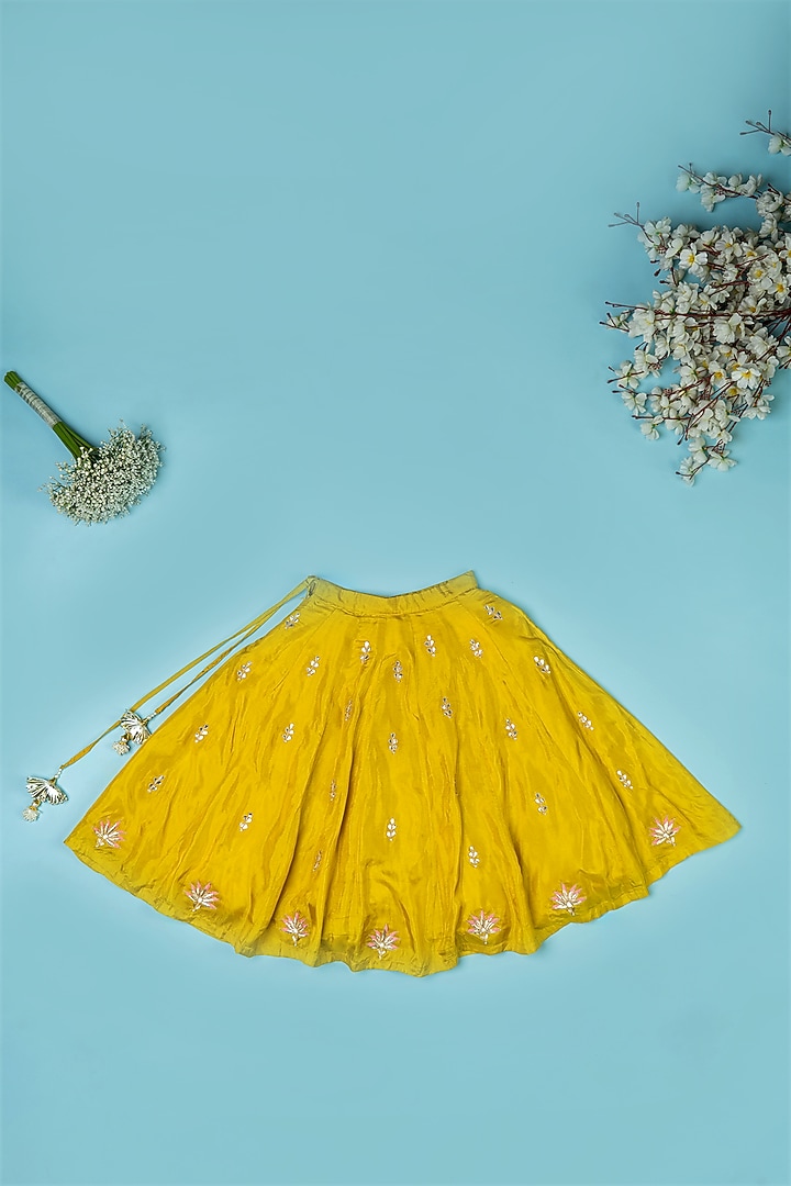 Golden Yellow Pure Spun Hand Embroidered Lehenga Set For Girls by Yuvrani Jaipur Kidswear at Pernia's Pop Up Shop