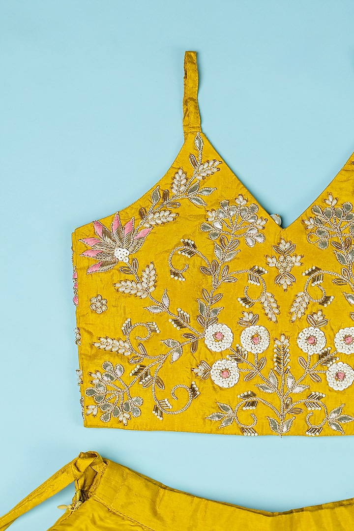 Golden Yellow Pure Spun Hand Embroidered Lehenga Set For Girls by Yuvrani Jaipur Kidswear at Pernia's Pop Up Shop