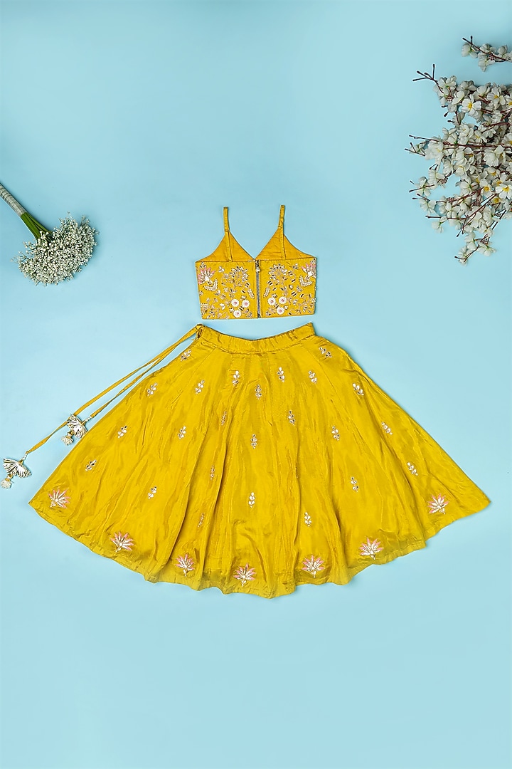 Golden Yellow Pure Spun Hand Embroidered Lehenga Set For Girls by Yuvrani Jaipur Kidswear at Pernia's Pop Up Shop