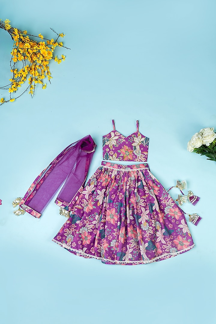 Purple Chanderi Floral Printed Lehenga Set by Yuvrani Jaipur Kidswear at Pernia's Pop Up Shop