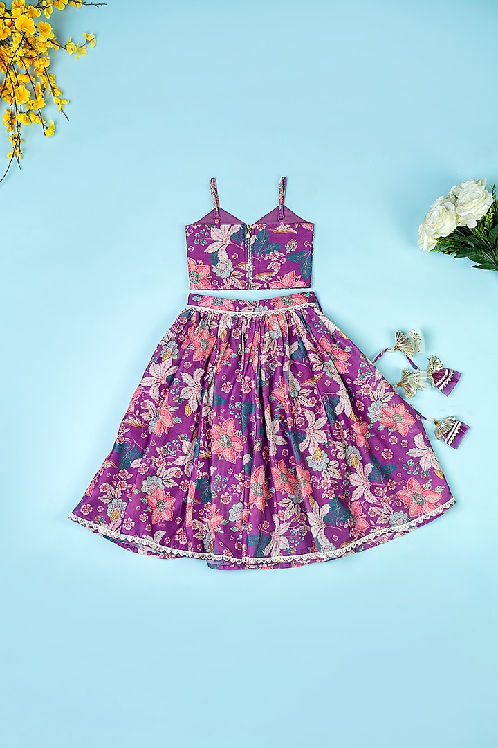 Purple Chanderi Floral Printed Lehenga Set by Yuvrani Jaipur Kidswear at Pernia's Pop Up Shop