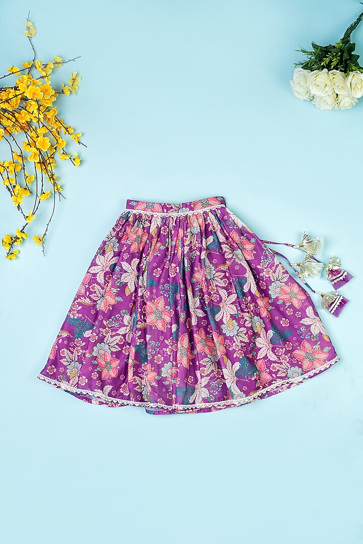 Purple Chanderi Floral Printed Lehenga Set by Yuvrani Jaipur Kidswear at Pernia's Pop Up Shop