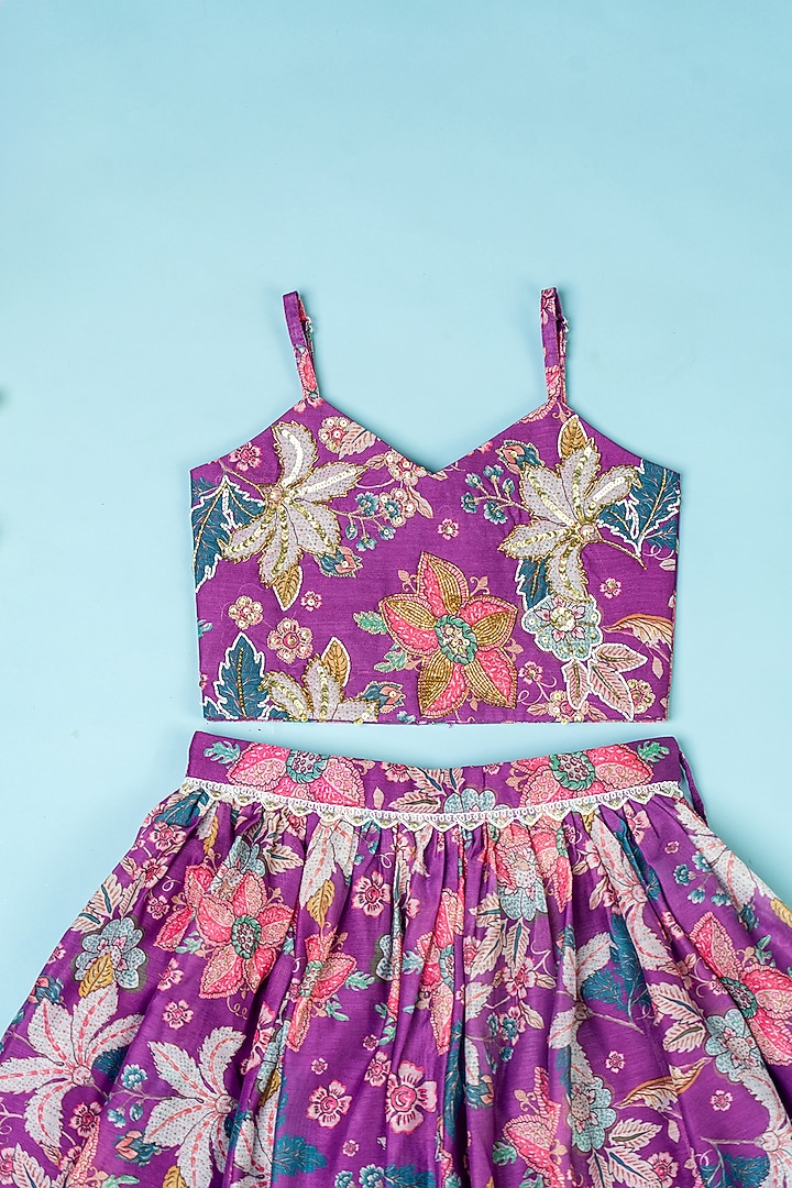 Purple Chanderi Floral Printed Lehenga Set by Yuvrani Jaipur Kidswear at Pernia's Pop Up Shop