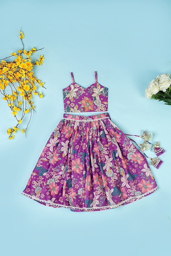 Purple Chanderi Floral Printed Lehenga Set by Yuvrani Jaipur Kidswear at Pernia's Pop Up Shop